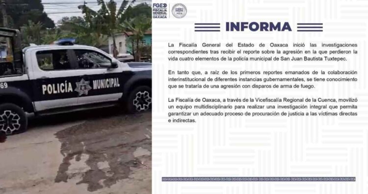 Ataque armado en San Juan Bautista Tuxtepec, Oaxaca deja 4 policías muertos y tres heridos