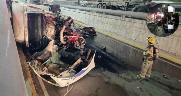 Conductor de Tráiler de doble remolque choca y vuelca en la Av. Morones Prieto en Monterrey, NL