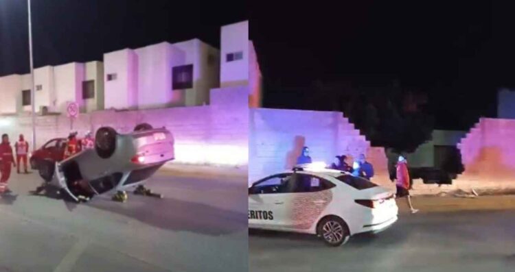 Conductor derriba barda de una casa y vuelca en Torreón, Coahuila