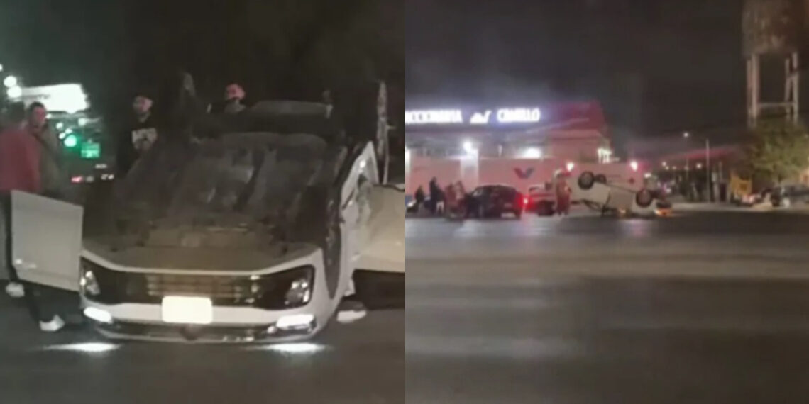 Conductoras chocan y vuelcan en la avenida Eloy Cavazos en Guadalupe, NL