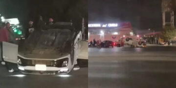 Conductoras chocan y vuelcan en la avenida Eloy Cavazos en Guadalupe, NL