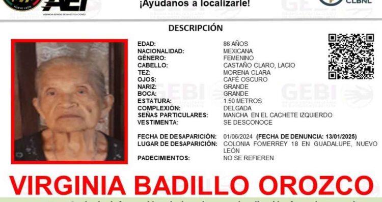 Desaparece mujer de la tercera edad en Guadalupe, Nuevo León; solicitan ayuda para encontrarla