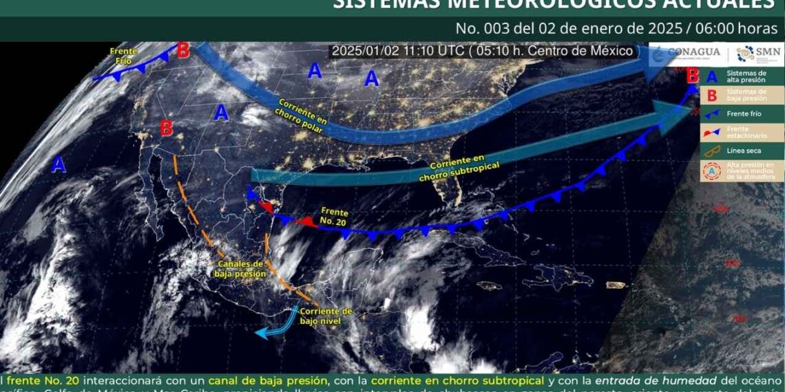 Pronóstico para hoy 2 de enero Frente frío No. 20 trae lluvias fuertes y ambiente gélido al noreste y sureste de México