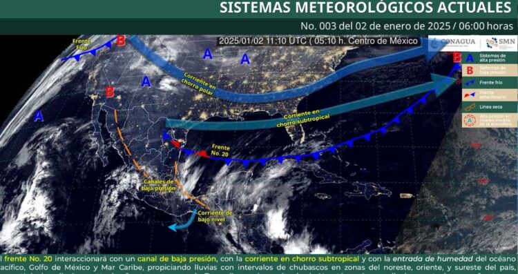 Pronóstico para hoy 2 de enero Frente frío No. 20 trae lluvias fuertes y ambiente gélido al noreste y sureste de México