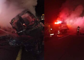 Tráiler cargado con aceite comestible vuelca y se incendia en la carretera León Guzmán-Durango