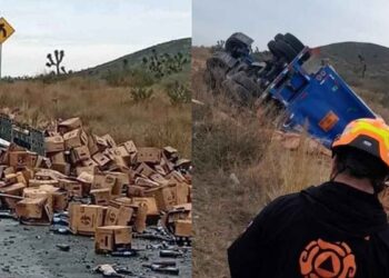 Vuelca tráiler con cartones de cerveza en la Carretera a Colombia en Salinas Victoria, NL