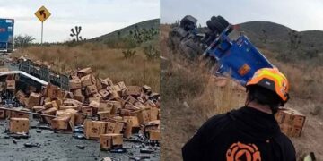 Vuelca tráiler con cartones de cerveza en la Carretera a Colombia en Salinas Victoria, NL