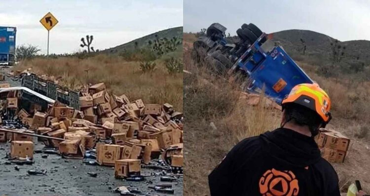 Vuelca tráiler con cartones de cerveza en la Carretera a Colombia en Salinas Victoria, NL