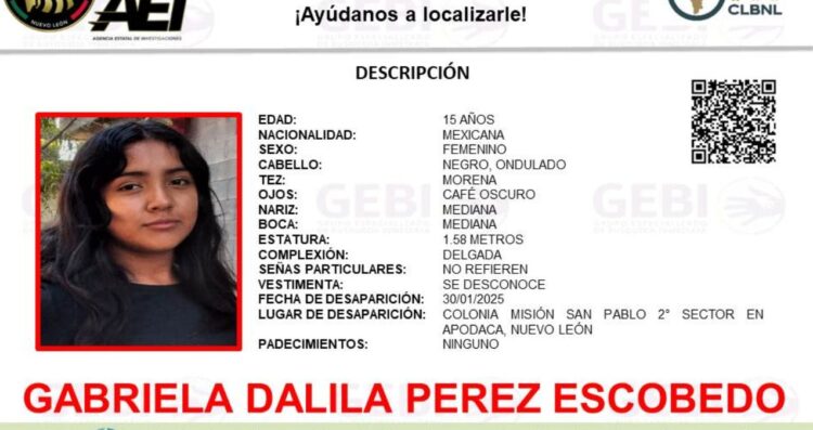 Buscan a adolescente desaparecida en Apodaca, Nuevo León