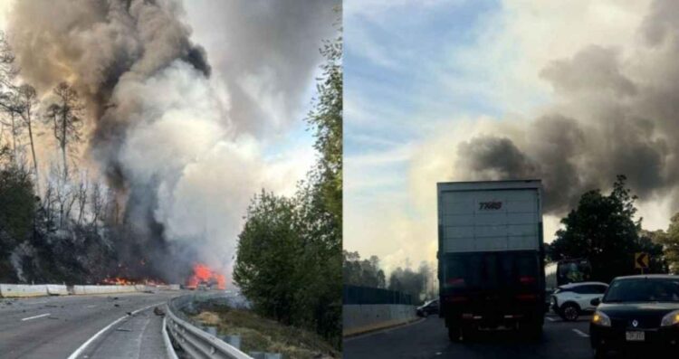 Choque múltiple en la autopista México-Puebla causa incendio vehicular
