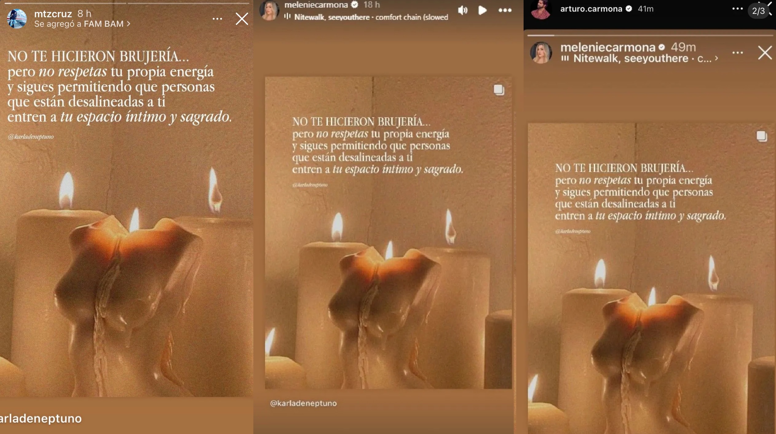 Cruz Martínez, Arturo Carmona y Melenie publican el mismo mensaje en redes sociales ¿Es para Alicia Villarreal