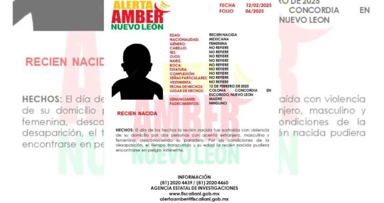Fiscalía General de Nuevo León activa Alerta Amber tras rapto de bebé en Escobedo, NL