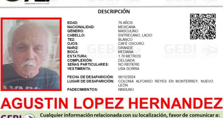 Solicitan ayuda para localizar a un adulto mayor que se encuentra desaparecido en Monterrey