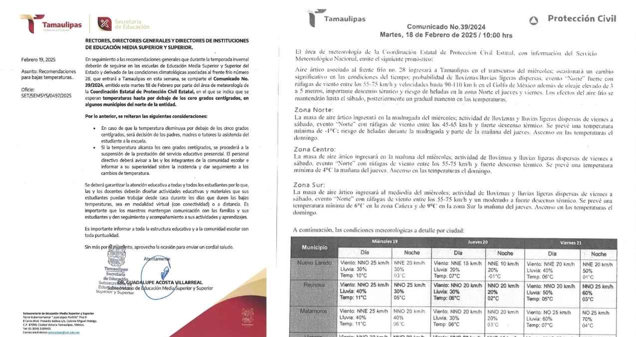 ¿Suspenden clases por frío en Tamaulipas SET informa