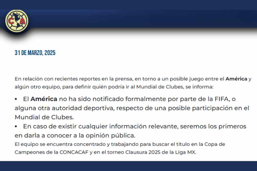 El Club América rompió el silencio ante los rumores que lo colocaban como posible reemplazo del Club León en el próximo Mundial de Clubes. La especulación surgió luego de que se señalara que León no podría participar en el torneo por temas de multipropiedad, a pesar de haber ganado su lugar en la cancha. A través de un comunicado oficial, la directiva azulcrema dejó claro que no ha recibido ninguna notificación por parte de la FIFA ni de ninguna autoridad deportiva sobre esa posibilidad. Con esto, buscan frenar las versiones que han circulado en medios y redes sociales. América en el Mundial de Clubes El mensaje también dejó en claro que el equipo está enfocado en sus objetivos actuales: conquistar la Copa de Campeones de la Concacaf y pelear por el título del Clausura 2025. El rumor señalaba que podría organizarse un partido entre el América y LAFC para definir al representante de la región, pero hasta el momento no hay nada oficial. Por lo pronto, el América prefiere mantener la concentración y dejar que las decisiones formales lleguen por los canales correspondientes.  Te puede interesar: Tigres vs. LA Galaxy: ¿Dónde y a qué hora ver el partido este martes? 