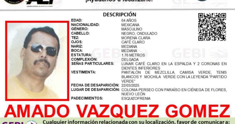 Buscan a Amado Vázquez Gómez tras desaparecer en Ciénega de Flores, Nuevo León