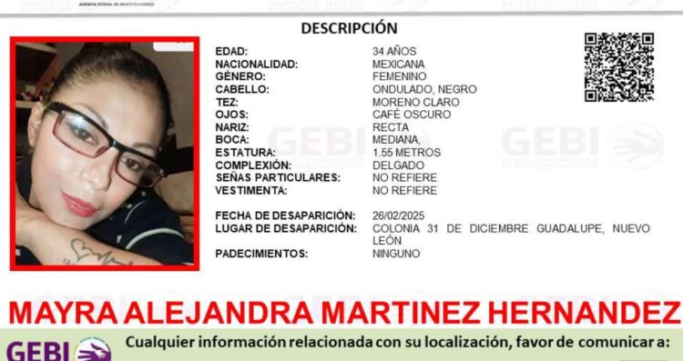 Buscan a Mayra Alejandra Martínez Hernández tras desaparecer en Guadalupe, Nuevo León