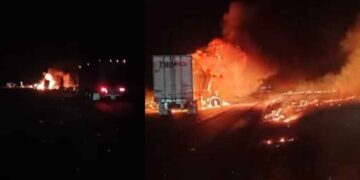 Choque entre tráileres provoca un fuerte incendio en la autopista Monterrey-Nuevo Laredo; hay un muerto
