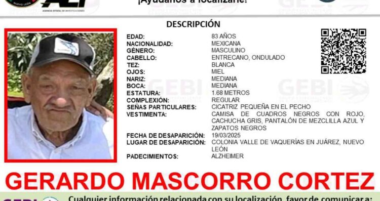 Persona de la tercera edad desaparece en Juárez, Nuevo León