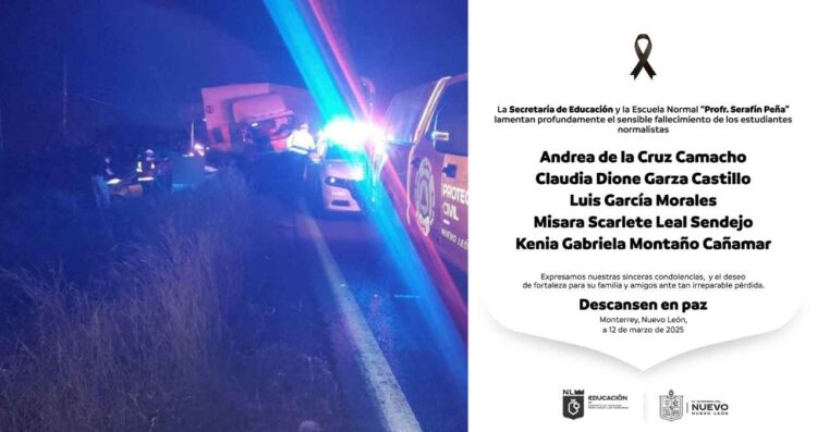 Secretaría de Educación de Nuevo León y Normal “Serafín Peña”, lamentan el fallecimiento de los estudiantes en el accidente de Hualahuises