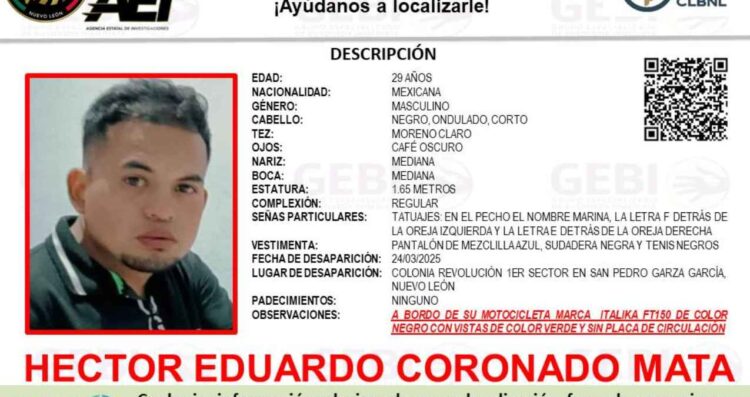 Solicitan ayuda para encontrar a Héctor Eduardo Coronado Mata, quien desapareció en San Pedro, Nuevo León