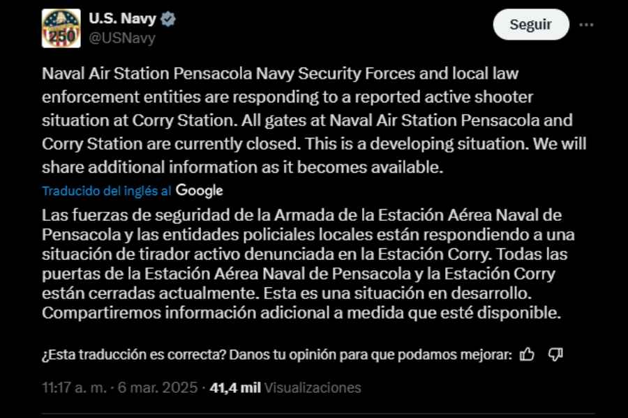 Tirador activo es reportado en la Estación Aérea Naval de Pensacola 