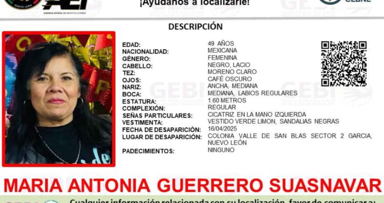 Buscan a María Antonia Guerrero Suasnavar, quien desapareció en García, Nuevo León