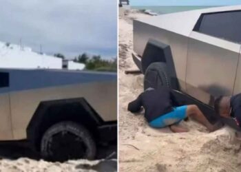 Camioneta Tesla Cybertruck queda atrapada en la arena de una playa en Yucatán