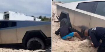 Camioneta Tesla Cybertruck queda atrapada en la arena de una playa en Yucatán