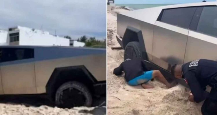 Camioneta Tesla Cybertruck queda atrapada en la arena de una playa en Yucatán