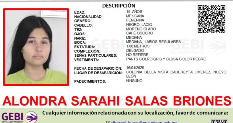 Desaparece jovencita en Cadereyta, Nuevo León; solicitan ayuda para encontrarla