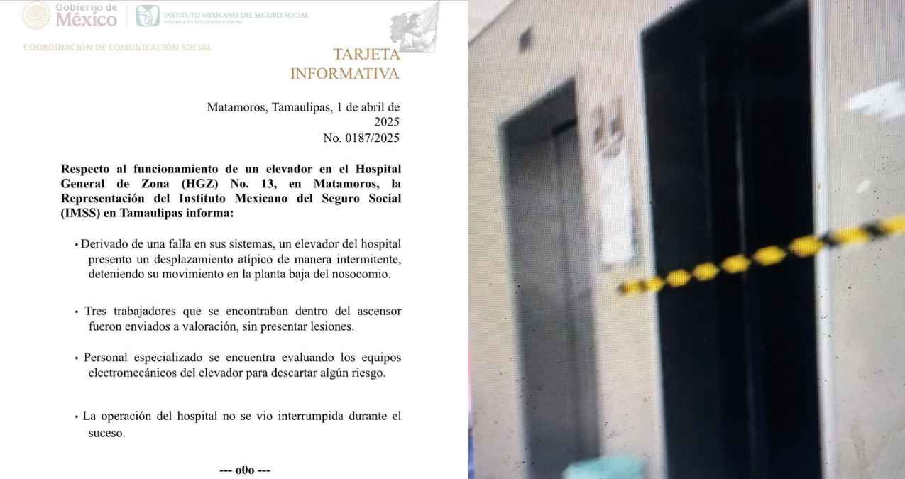 Elevador se desplomó en IMSS de Matamoros, Tamaulipas