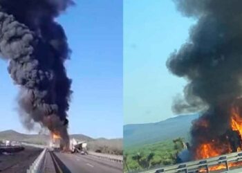 Fuerte accidente vial provoca incendio y cierre en la autopista Laredo-Monterrey