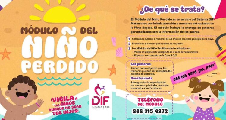 Instala DIF Matamoros módulo del niño perdido en playa Bagdad para reforzar la seguridad infantil
