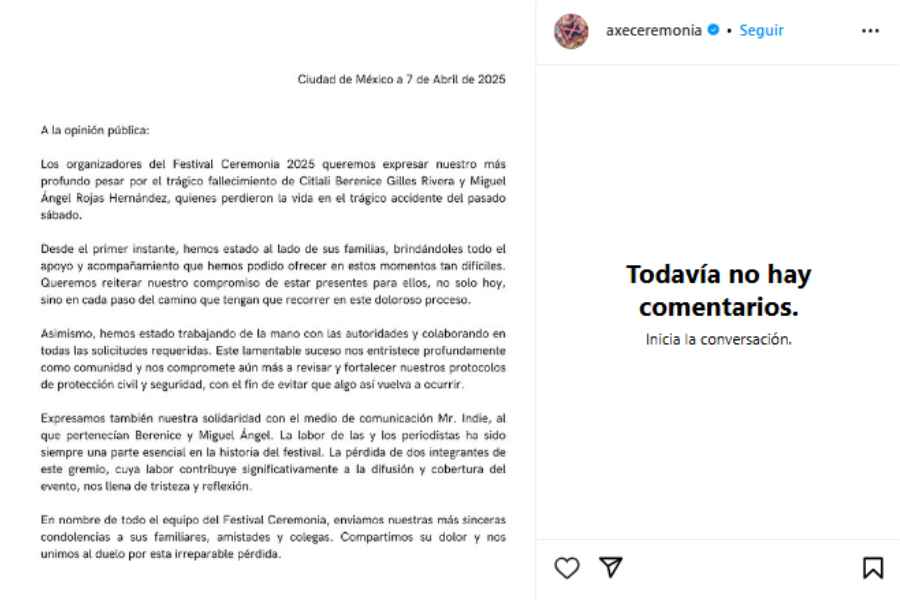 Organizadores del Festival Ceremonia Axe emiten comunicado ante el incidente en la Ciudad de México
