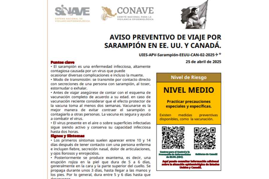 Secretaría de Salud emite alerta a viajeros por casos de sarampión en Estados Unidos y Canadá