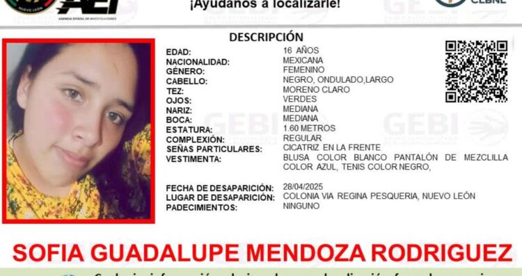 Solicitan ayuda para encontrar a una joven que se encuentra desaparecida en Pesquería, Nuevo León