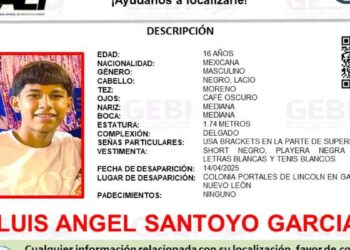 Solicitan ayuda para localizar Luis Ángel Santoyo García, quien se encuentra desaparecido en García, Nuevo León