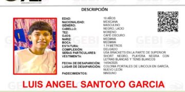 Solicitan ayuda para localizar Luis Ángel Santoyo García, quien se encuentra desaparecido en García, Nuevo León