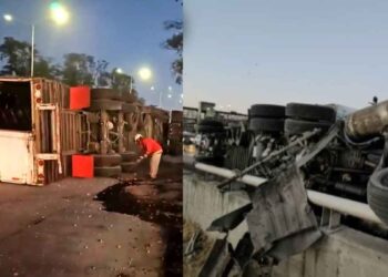 Tráiler cargado con mangos vuelca en el Periférico Poniente en Zapopan, Jalisco
