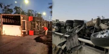 Tráiler cargado con mangos vuelca en el Periférico Poniente en Zapopan, Jalisco