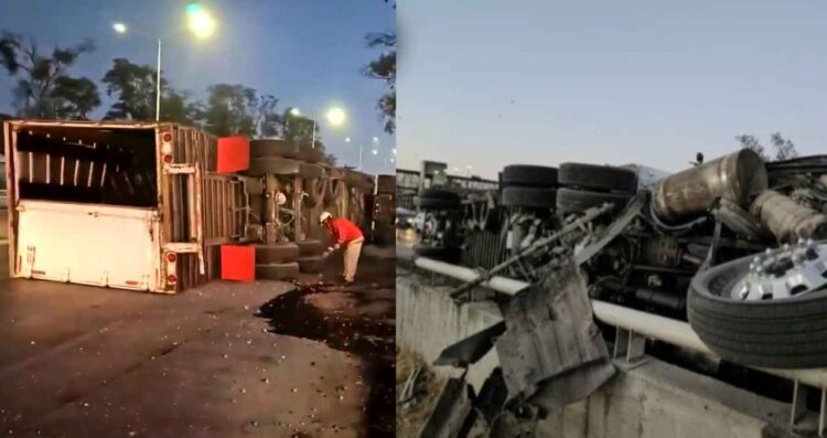 Tráiler cargado con mangos vuelca en el Periférico Poniente en Zapopan, Jalisco