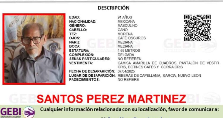Autoridades buscan a un adulto mayor que se encuentra desaparecido en García, Nuevo León