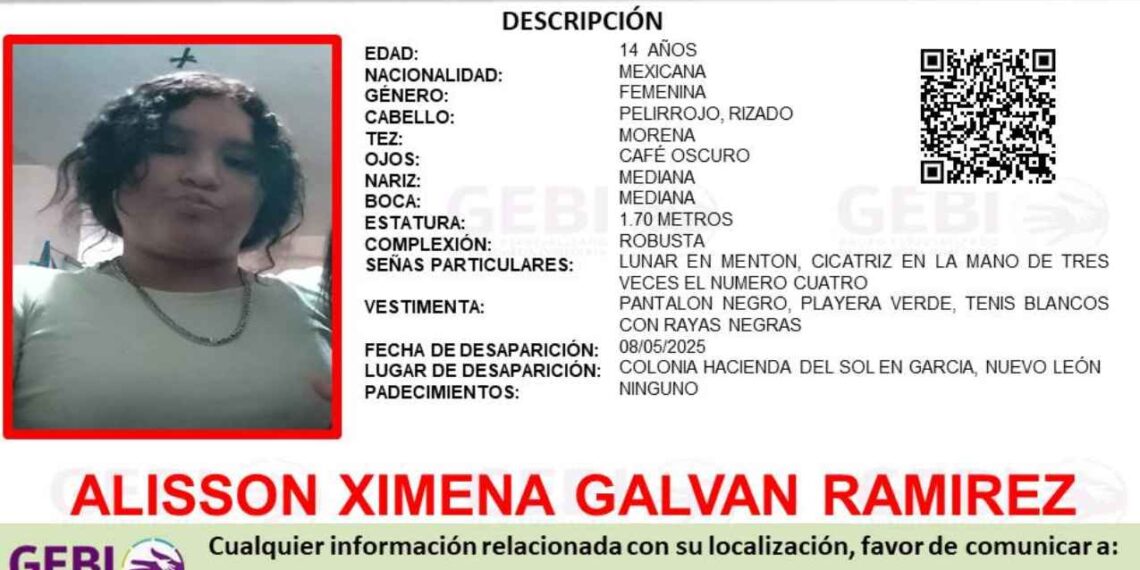 Buscan a Alisson Ximena Galván Ramírez, quien se encuentra desaparecida en García, Nuevo León