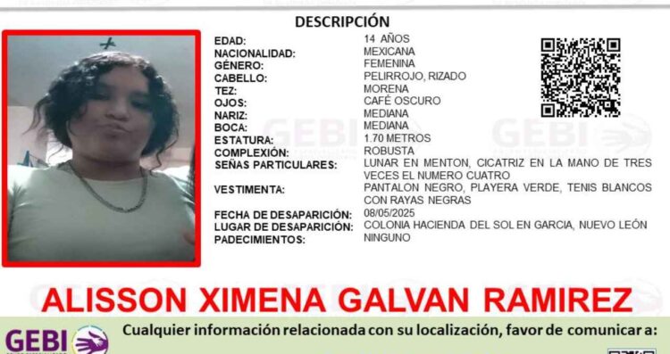 Buscan a Alisson Ximena Galván Ramírez, quien se encuentra desaparecida en García, Nuevo León