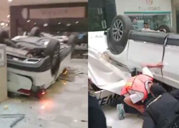 Camioneta cae desde el tercer piso de la Plaza Lilas en la CDMX; reportan una persona atrapada