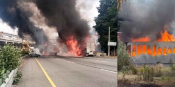 Fuerte accidente termina con incendio de tráileres en la carretera México-Toluca