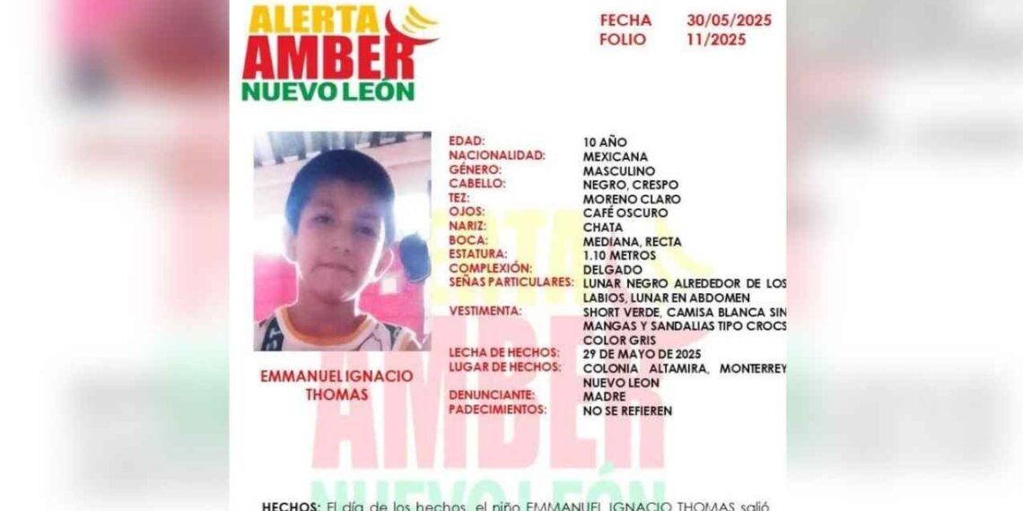 Lanzan Alerta Amber en Monterrey, Nuevo León, por desaparición de Emmanuel Ignacio, niño de 10 años