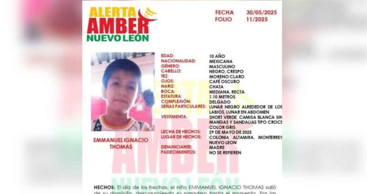 Lanzan Alerta Amber en Monterrey, Nuevo León, por desaparición de Emmanuel Ignacio, niño de 10 años