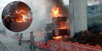 Se incendia grúa industrial del metro en la Avenida Miguel Alemán de Guadalupe, NL